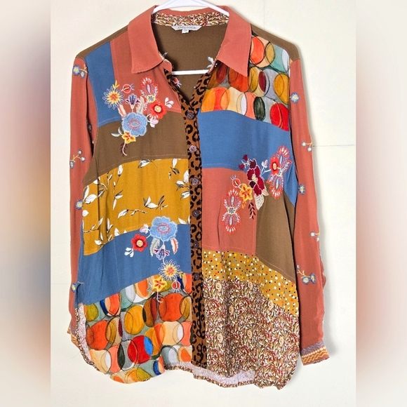 John Mark Embroidered Boho Patchwork Art To Wear Button Down, Size Medium P - Picture 1 of 6